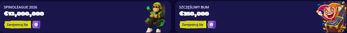 Polish casino jackpot banners featuring Spinoleague 2026 and Szczęśliwy Bum, with prize amounts of €12,000,000 and €350,000 plus registration buttons.